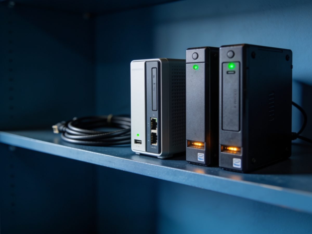 A network attached storage unit and two external hard drives on a shelf, activity lights showing.