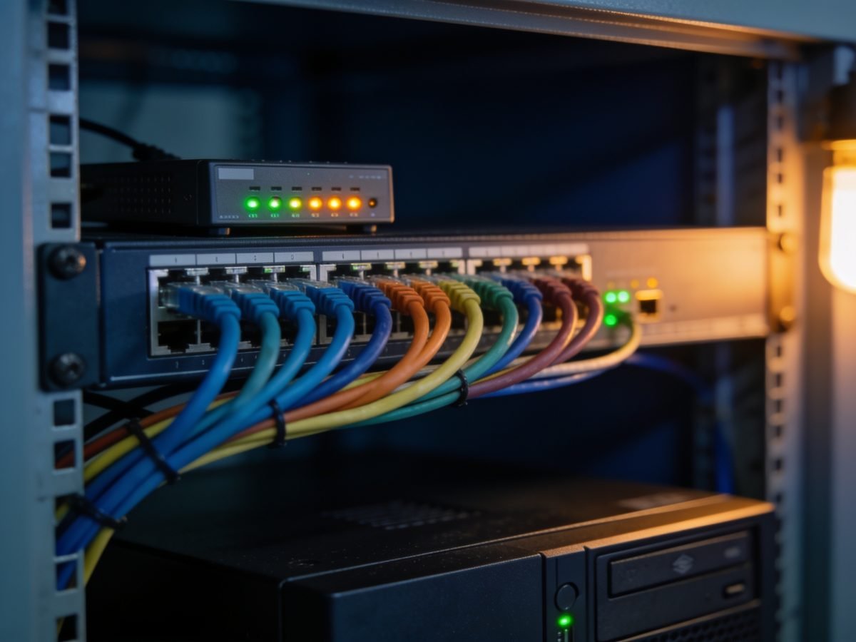 A small-business comms cabinet with patch cables dressed and labelled, a network switch and a UPS mounted below it.