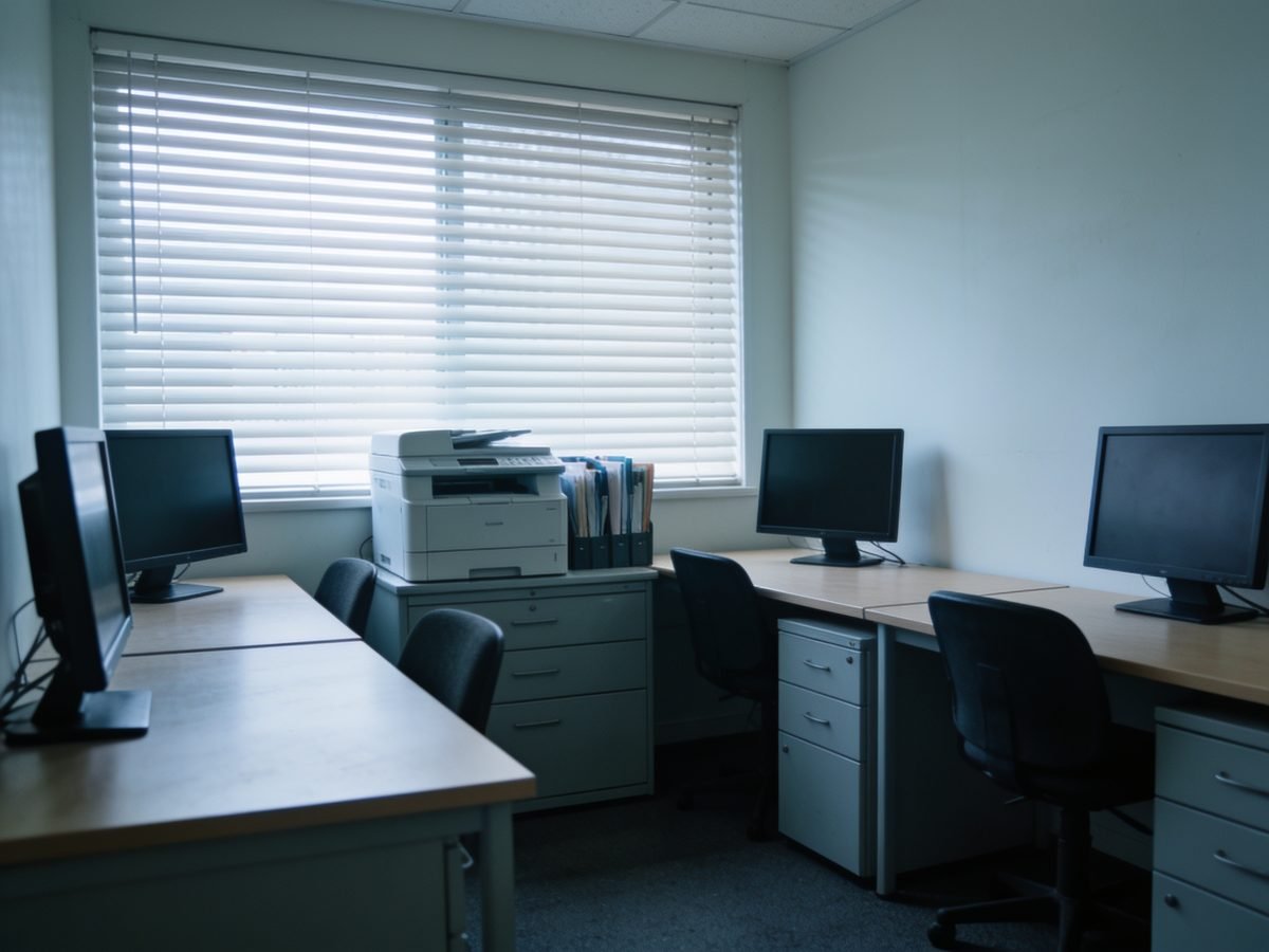 An empty small professional office with four desks, monitors, a shared printer and filing cabinets.